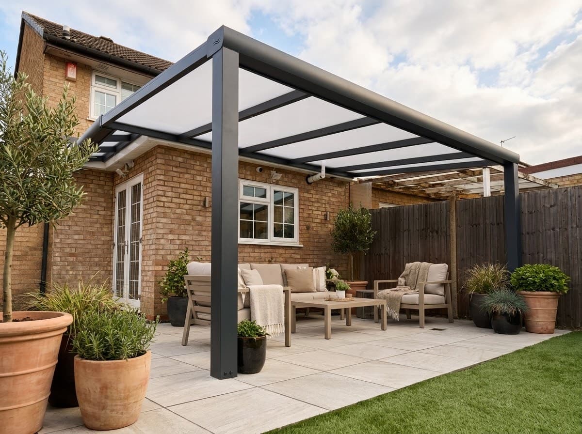 Modern anthracite grey aluminium veranda attached to a brick patio with contemporary outdoor lounge seating
